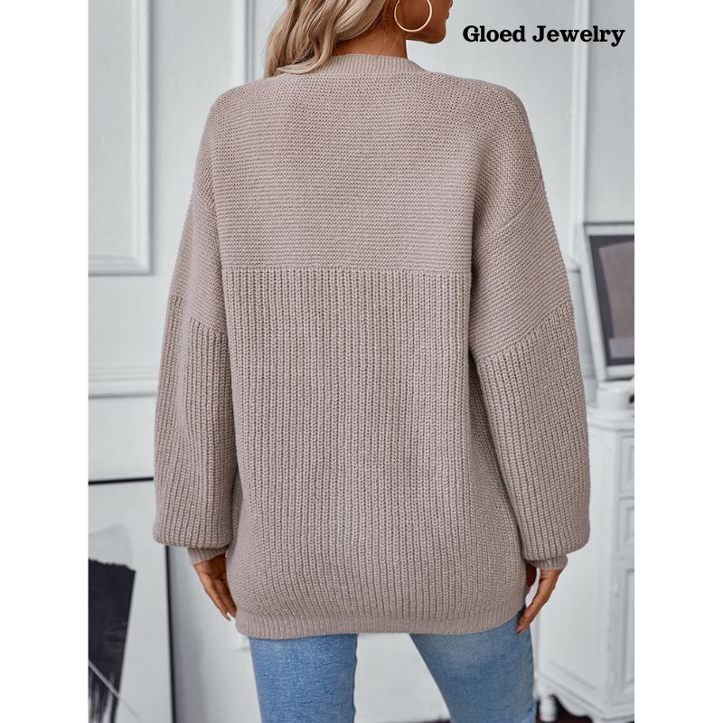 Loose Cardigan V-Neck Solid Color Knit Sweater - Erika