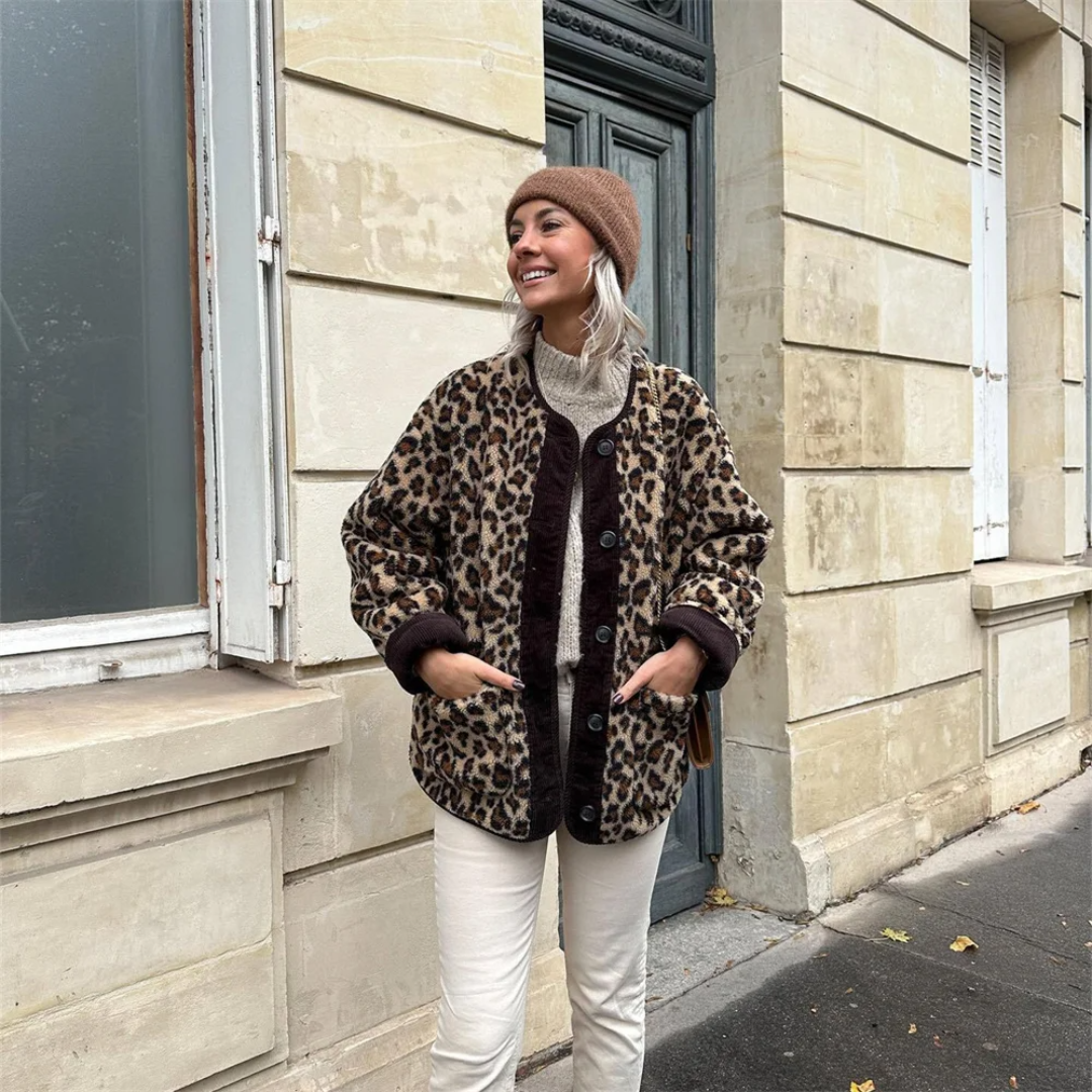 Celeste | Women’s Leopard Print O-Neck Jacket | Stylish